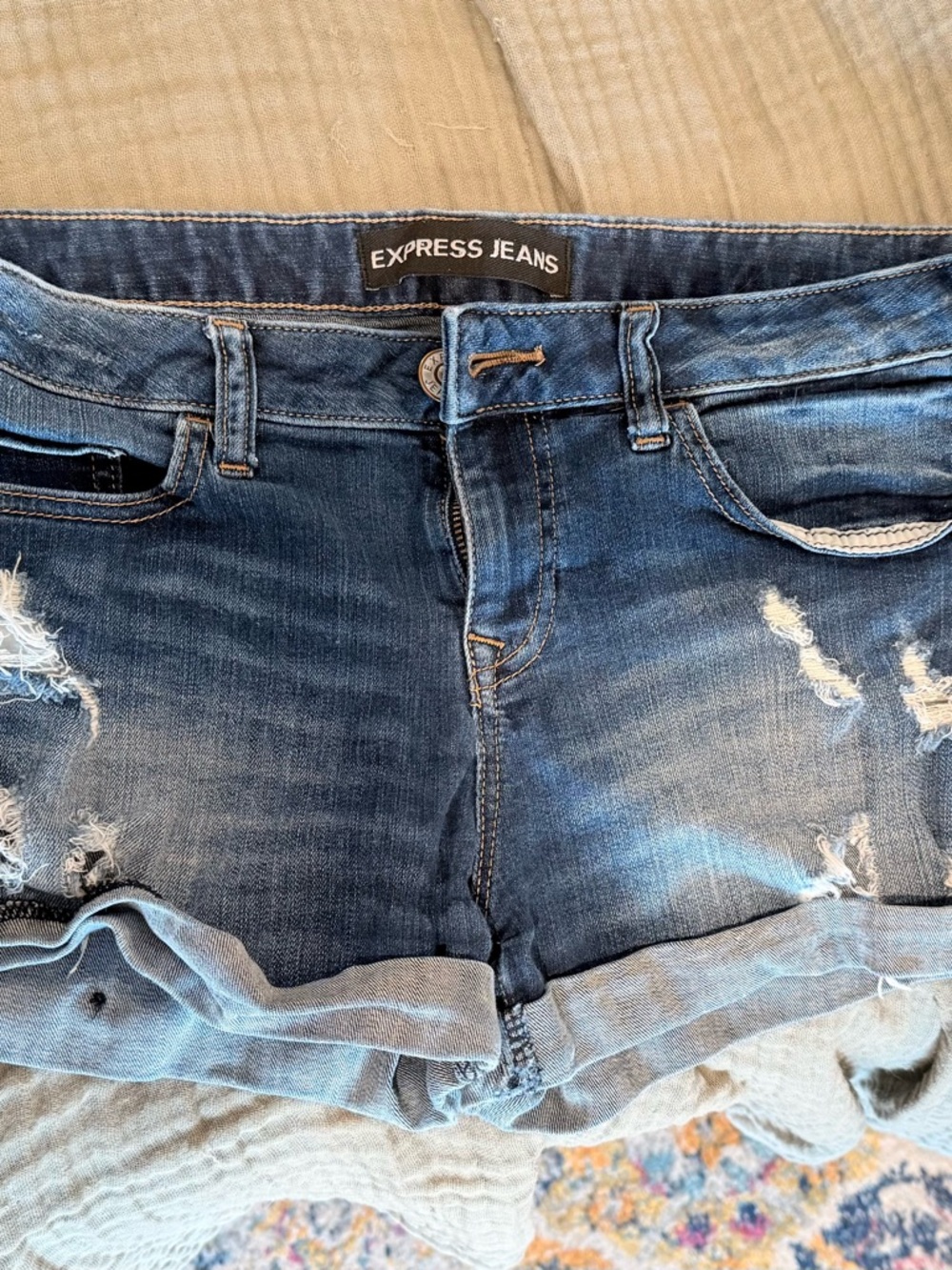 Express Women's Distressed Dark Blue Denim Jean Shorts